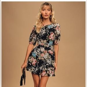 0338 - Lulu's Black Floral Mini Dress with Pink & Blue Blooms